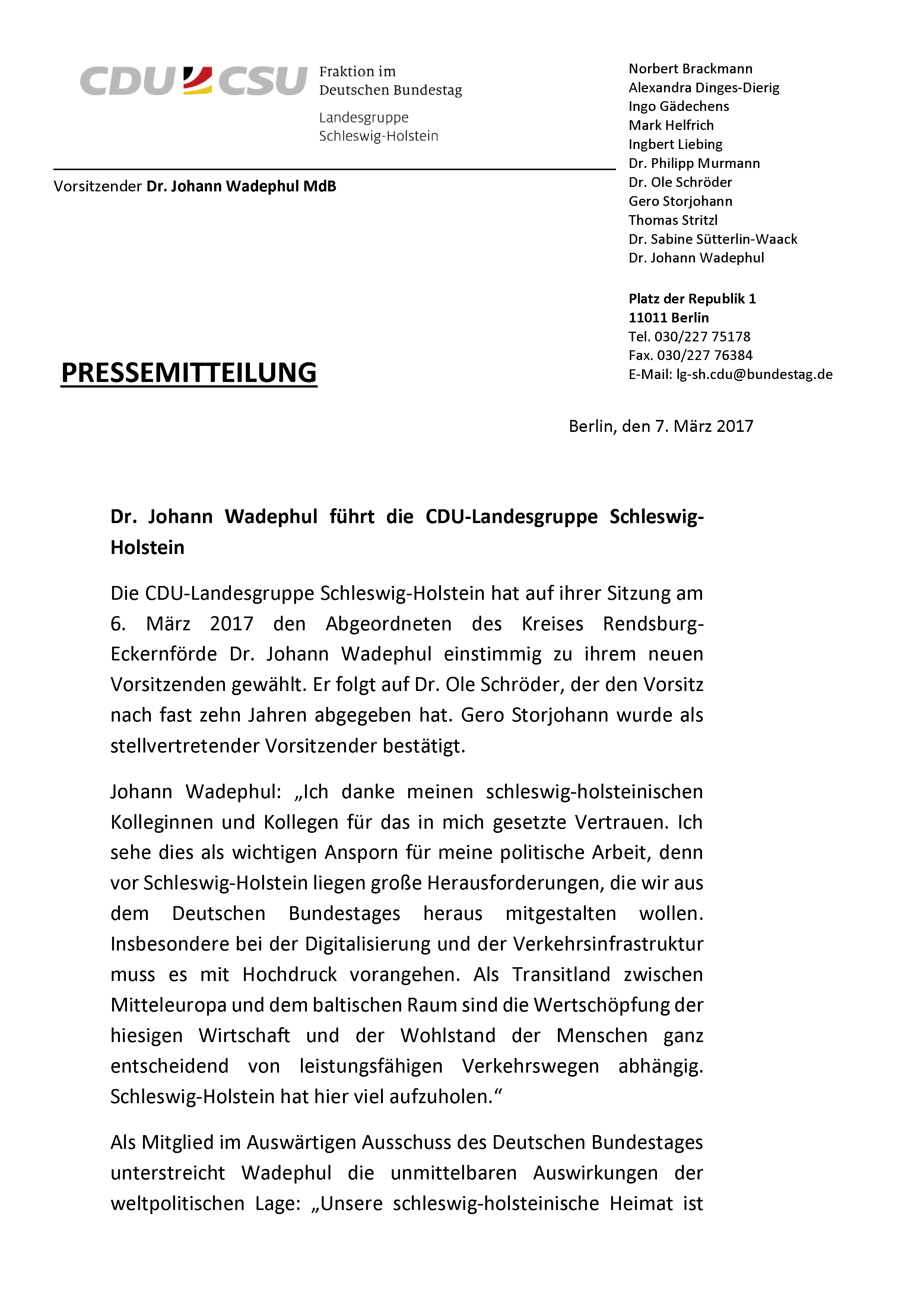 Neuwahl des Vorsitzenden der CDU-Landesgruppe Schleswig-Holstein im Deutschen Bundestag, Gero Storjohann als stellvertretender Vorsitzender erneut bestätigt - Bild